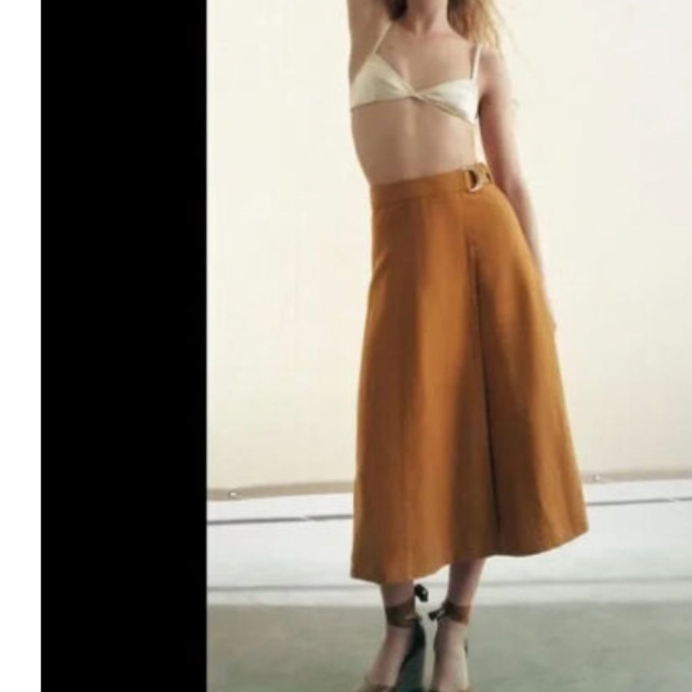 ZARA Linen Pareo Wrap High-Waist Toffee Taupe Brown Midi Maxi Skirt $69.90 - Picture 5 of 8